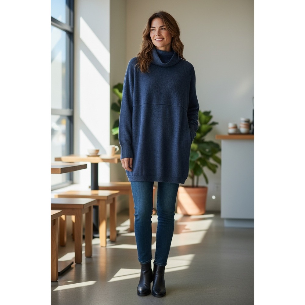 Eileen Fisher Italian Merino Wool Chic Turtleneck Oversized Sweater Navy Blue XS - Picture 2 of 10